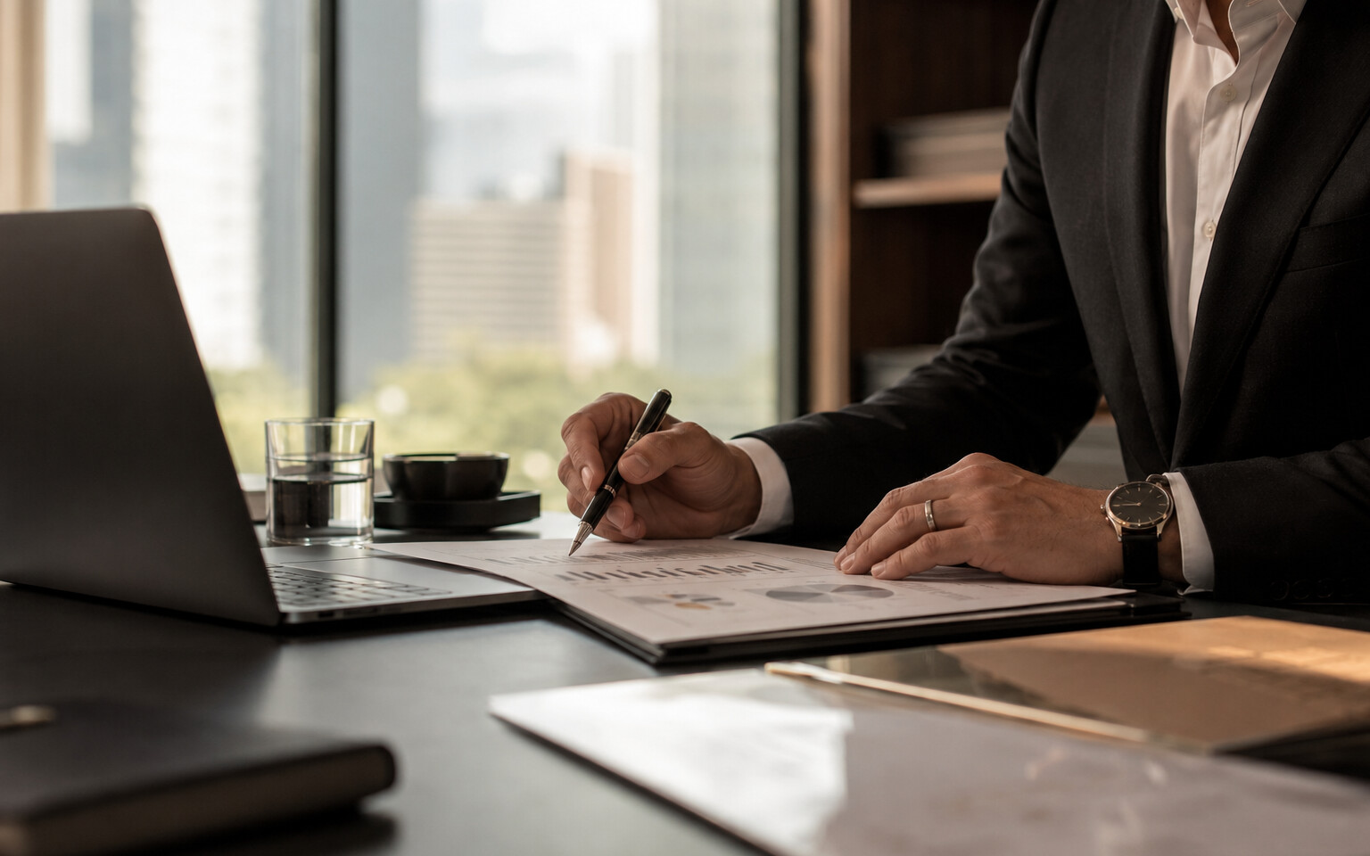 Profissional analisando informações financeiras em um ambiente corporativo